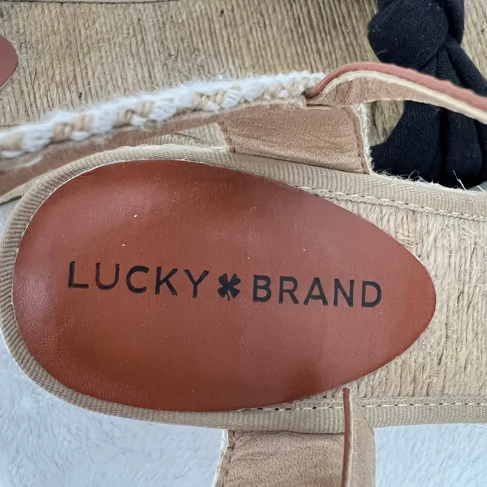 LUCKY BRAND Black Canvas & Jute Open Toe Wedges 9 Coastal Boho Neutral Twee